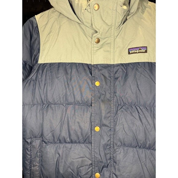 Patagonia Kids Down Puffer Jacket Blue Colorblock Hooded Coat Size M 10 - Picture 2 of 5